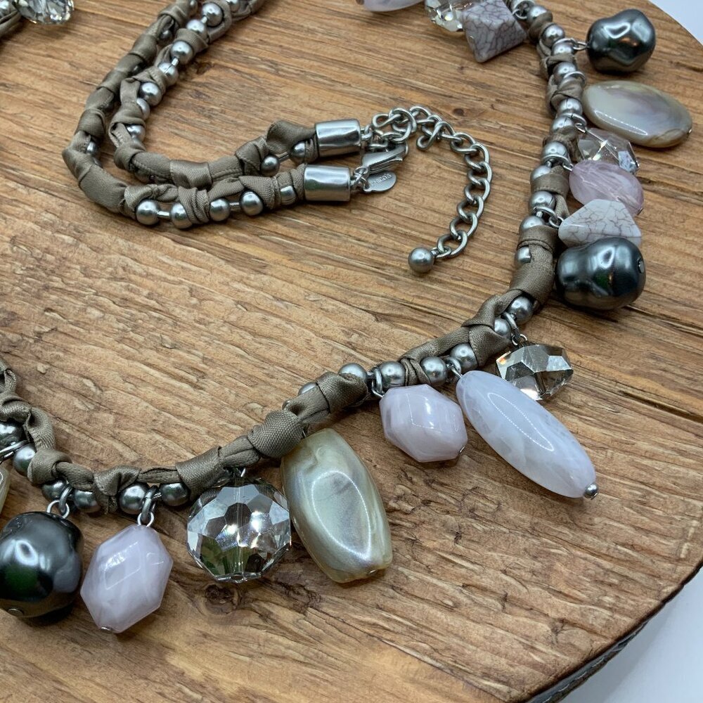 Chico's Multi Gemstones Beaded Knotted Ribbon Silver Tone Chain Necklace